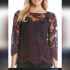 Karen Kane Eggplant Purple Sheer Mesh & Lace Top Romantic Dark Coquette M